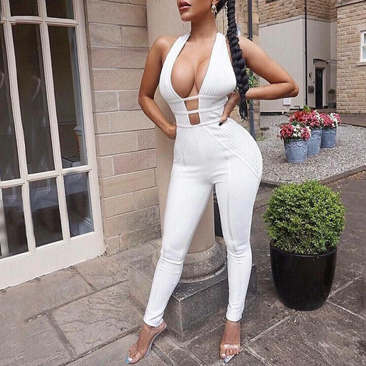 Latest design fall autumn elegant romper for ladies womens deep v all white jumpsuits women