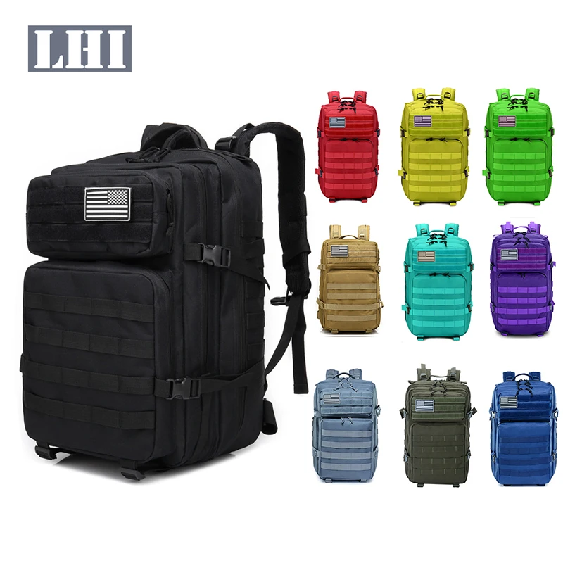 LHI Cheap Custom Design Hiking Travel 900D Waterproof Oxford 45L Molle Fitness College School Rucksack Bag Sport Gym Backpack