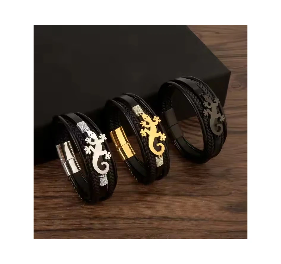 Vintage Punk Leather Hand Bracelet Lizard Anime Charm Bracelet With Stainless Steel Magnet Clasp Braided Leather Bracelet