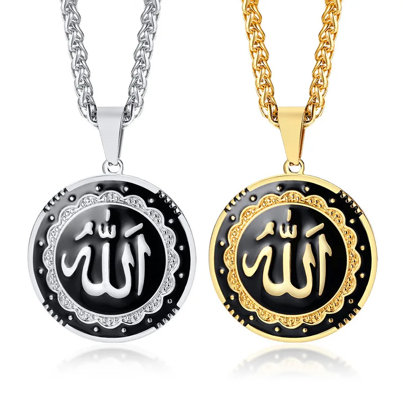 Wholesale Muslim Jewelry Stainless Steel gold necklace Zircon disc Pendant Customized Engraved Arabic Letter male necklace