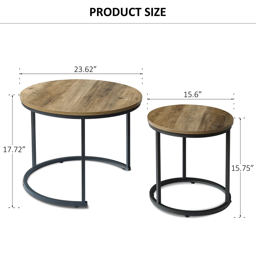 Factory Wholesale Small Center Side Sofa End Round Nesting Coffee Table Set of 2 Wood and Metal