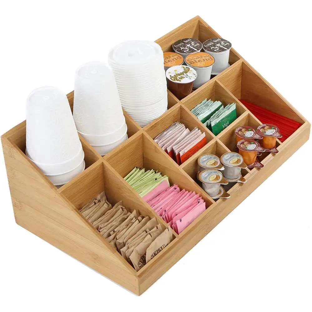 Bamboo 11 Compartment Coffee Condiment Organizer Disposable Paper Cup Holder