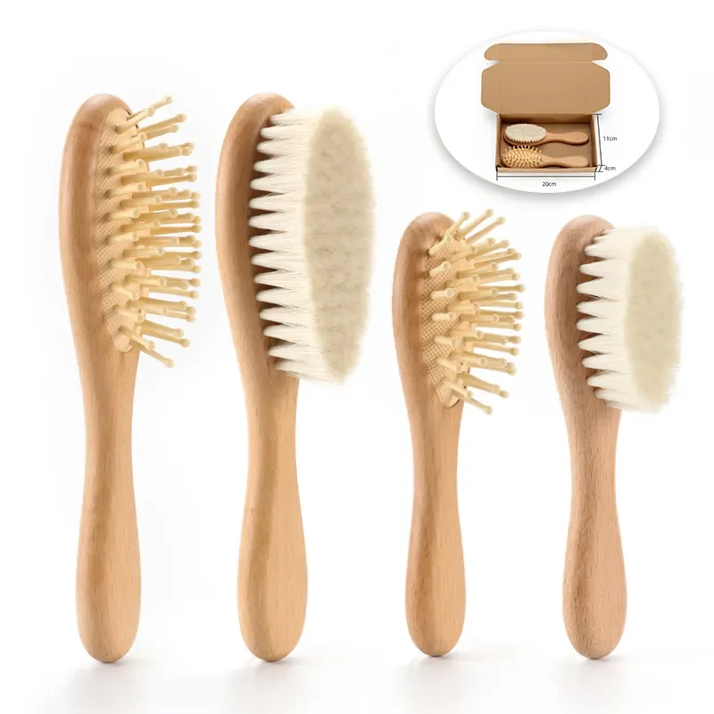 Customize LOGO Eco-friendly Wooden Baby Hair Brush for Newborn Baby Soft Wool Bristles Baby Brush and Comb Set