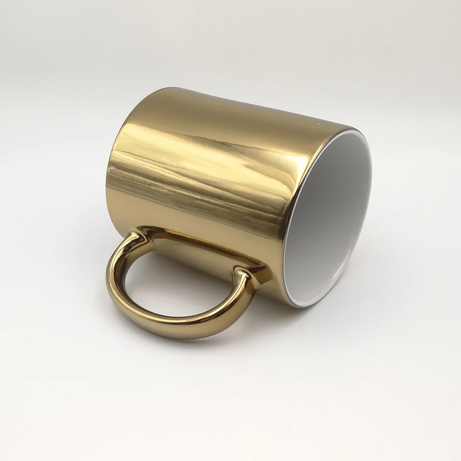 Topjlh Wholesale custom Sublimation 11 oz ceramic gold Plated coffee Mirror Mugs with Metallic electroplated glaze