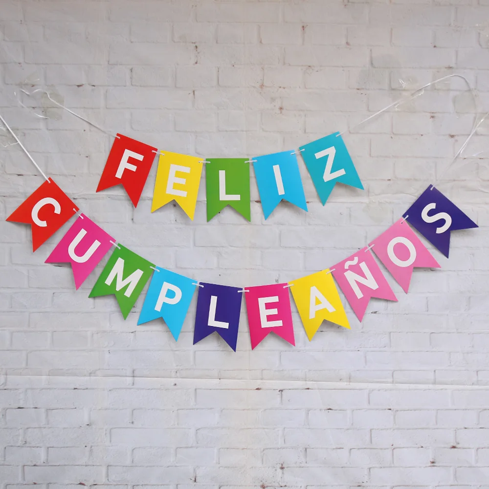 Spanish Happy Birthday Paper Banner Colorful Feliz Cumpleanos Bunting Banner Garland Flags Birthday Party Decoration