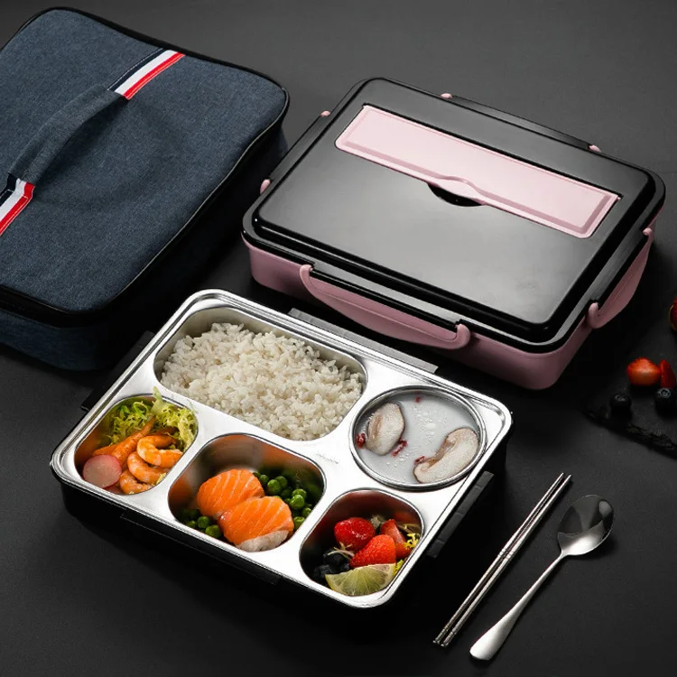 Tiffin take away food container insulated thermal children school heated metal bento stainless steel kids lunch box set with bag