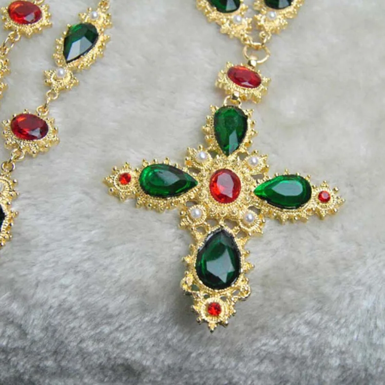 Medieval European Retro Style Noble Woman Gold Plated Ruby Emerald Colorful Gemstone Baroque Luxury Cross Pendant Necklace