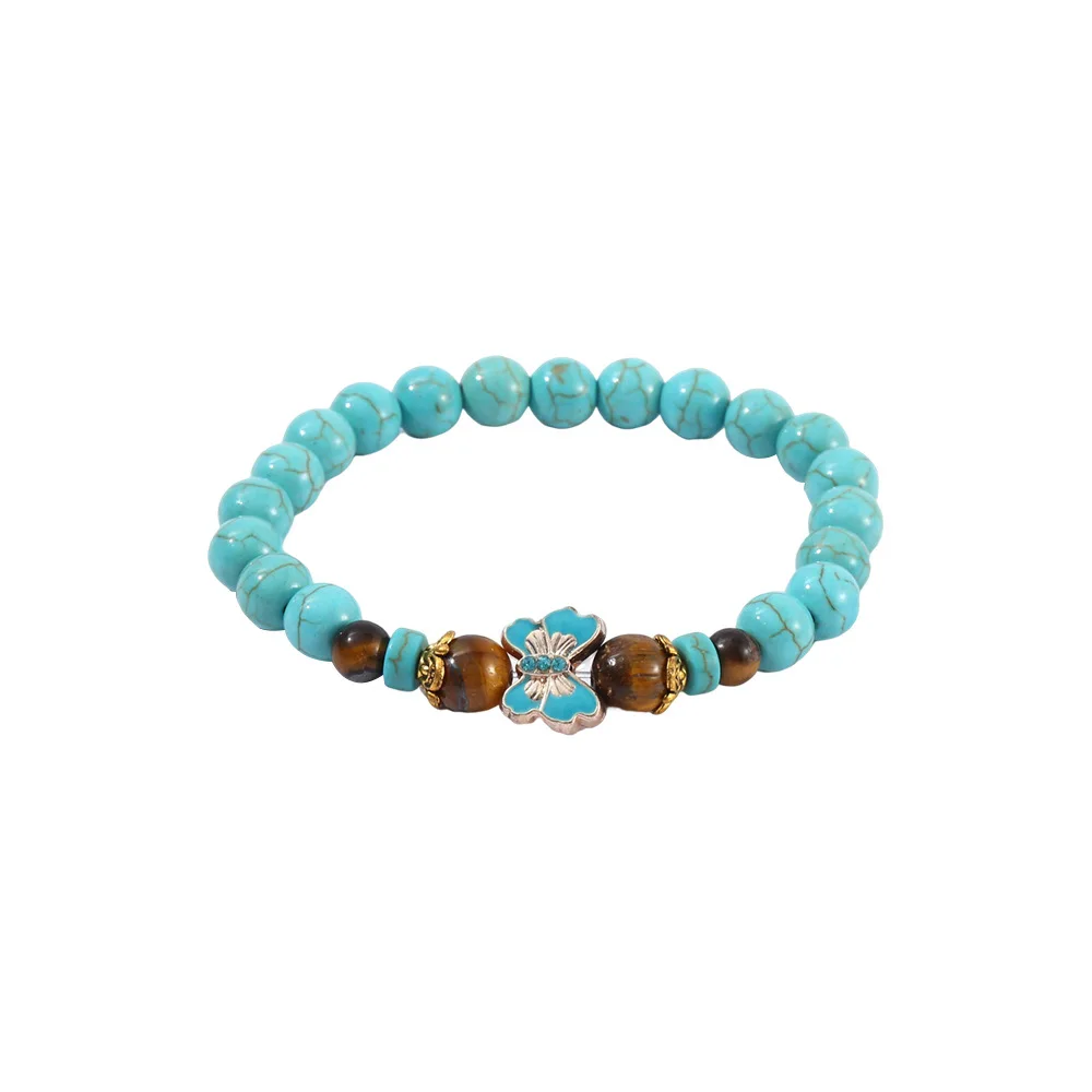 8mm Turquoise Beaded Bracelet With Cross Fatima Hand Hamsa Evil Eye Butterfly Pendant Tiger Eye Bracelet