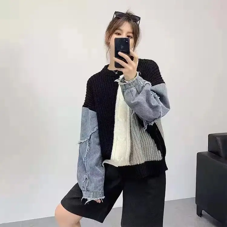 2023 Trendy New Crewneck Womens Patchwork Tops Graphic Woman Pullover Oversized Y2K Denim Sleeve Sweaters for Ladies