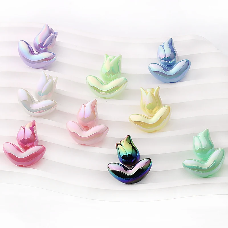 SOJI Hot Sale macaron color plastic pendants loose spacer beads acrylic UV tulip flowers beads for Bracelets Jewelry Making