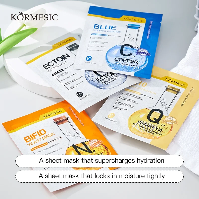 KORMESIC Private Label Blue Copper Peptide Sheet Mask Bifida Yeast Moisturizing Ecdoin Repairing Coenzyme Q10 Skincare Mask