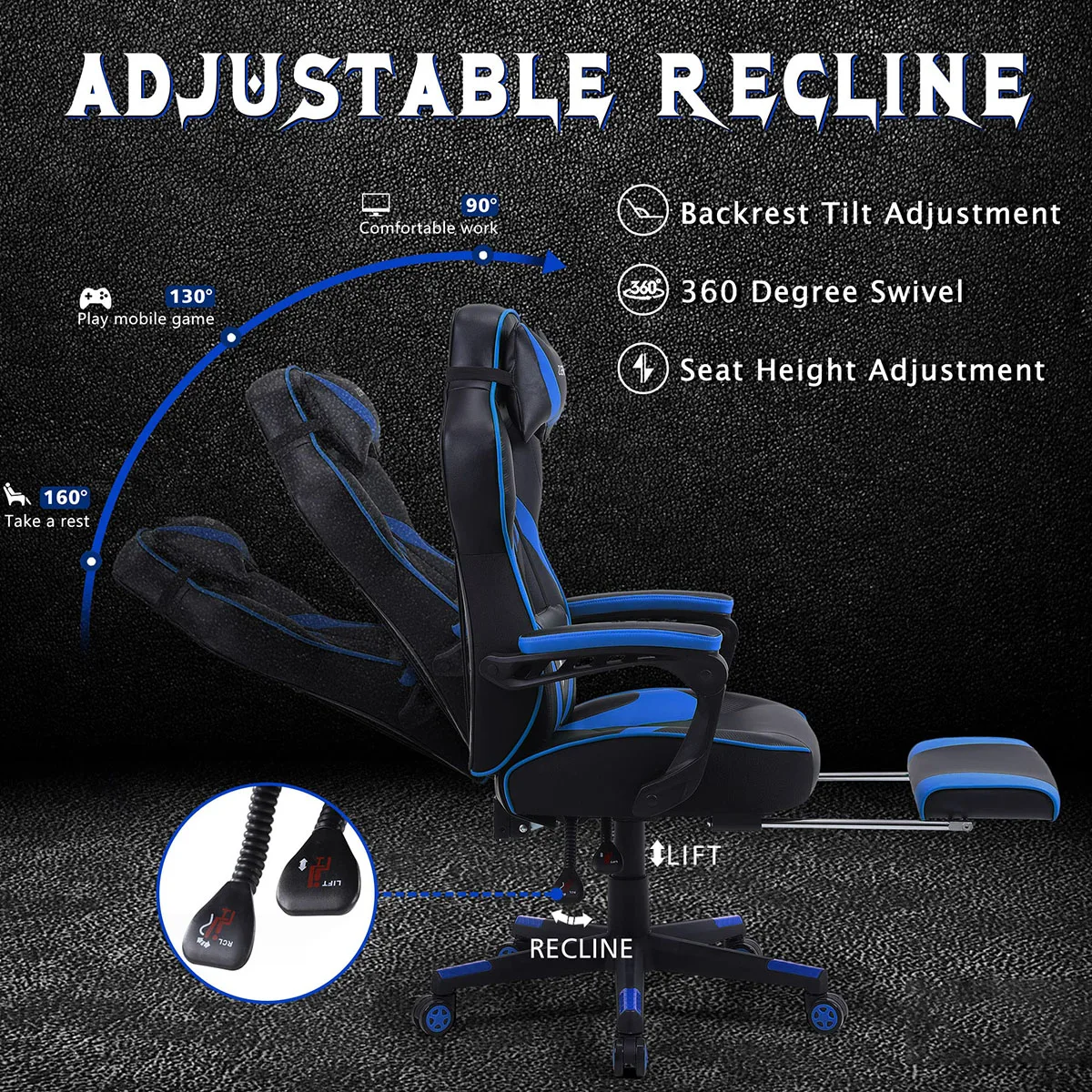 Premium Racing Gaming Chair With Swivel Cushion 360 Degree Rotating Comfort Car Seat Height Adjustable Reclining Office Chair