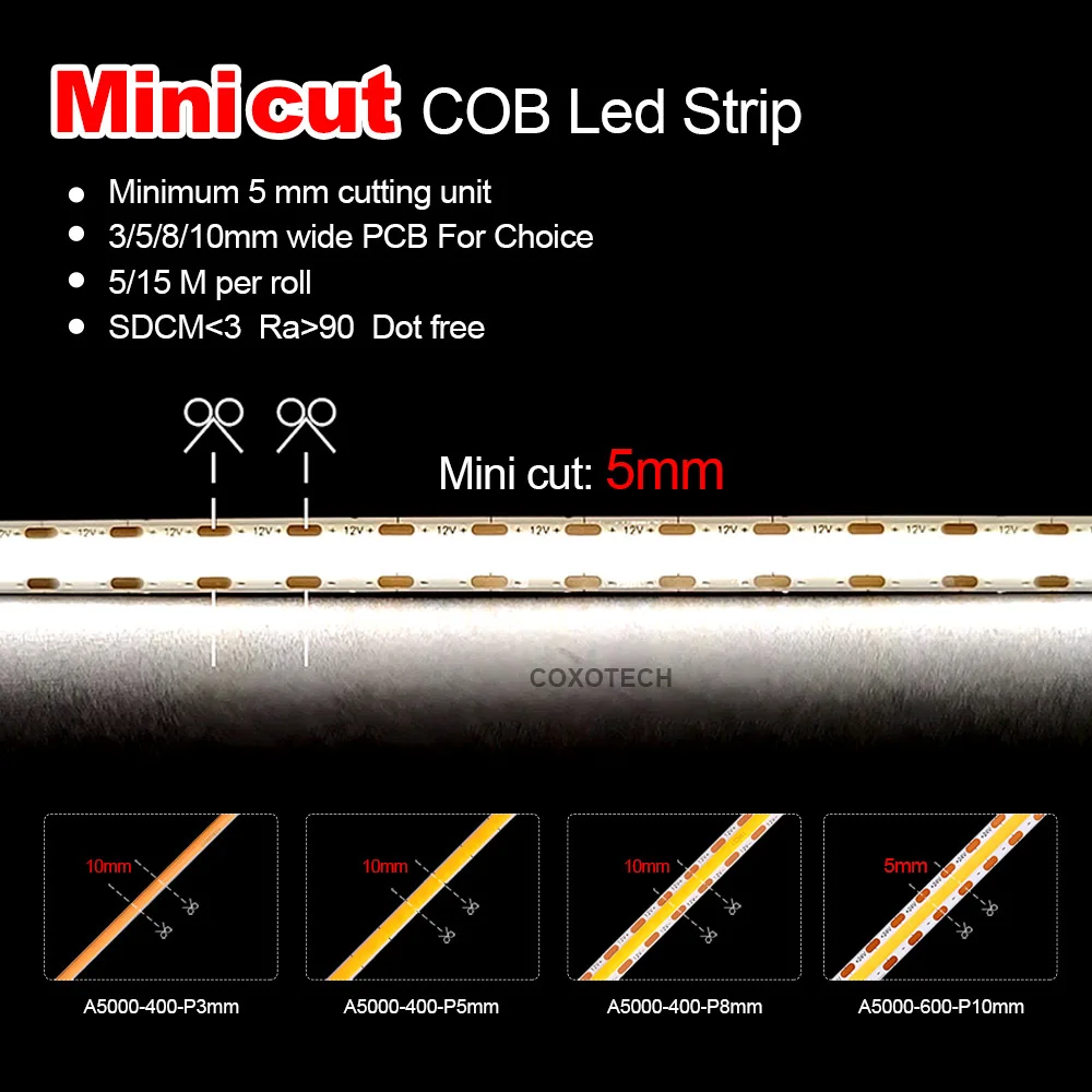 COXO mini ultra thin cob led strip 3 Years Warranty Ra90 5mm 4mm 3mm mini ultra thin cob led strip