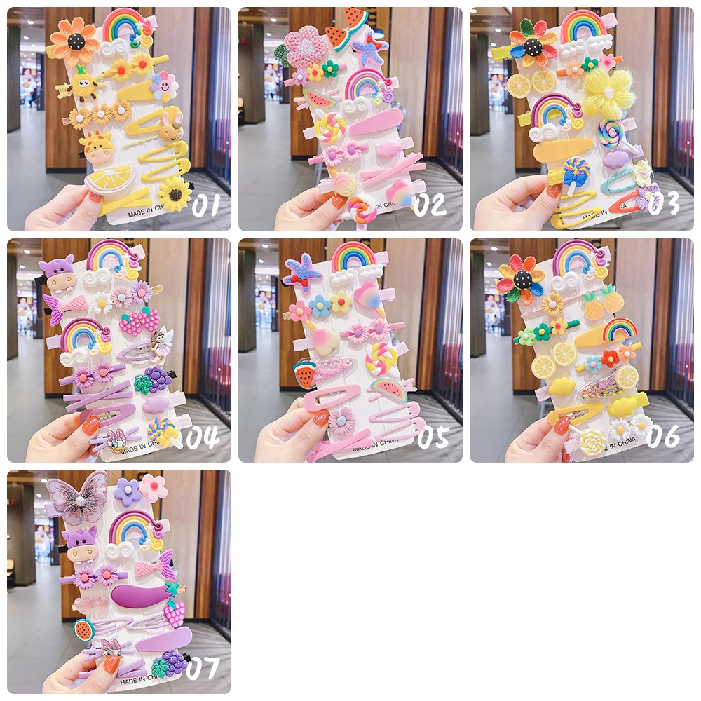 14pcs/set Factory Sale Cartoon Rainbow Hair Pin Handmade for Girls Kids Hair Accessories Fancy Cute Hair Clips