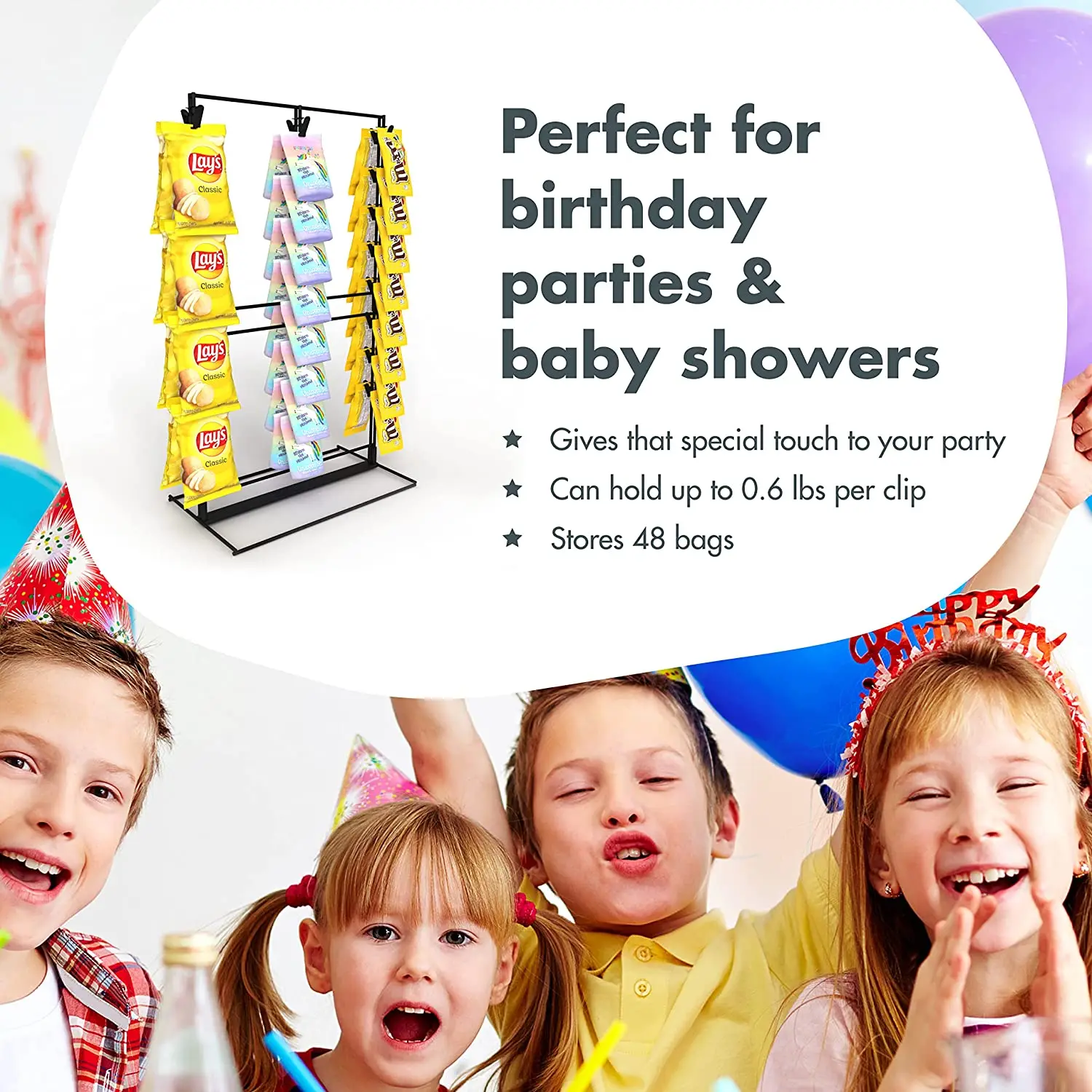 RUIMEI 3-Row Chip Stand Display for Party Candy Cart Snack Retail Display Rack Cotton Candy Bags, Chips Display Rack