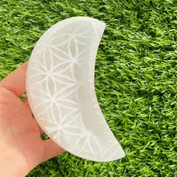Natural Healing Gemstone Creative Flower Of Life Crystal Crafts Moon Shape Selenite Bowl  For Sale