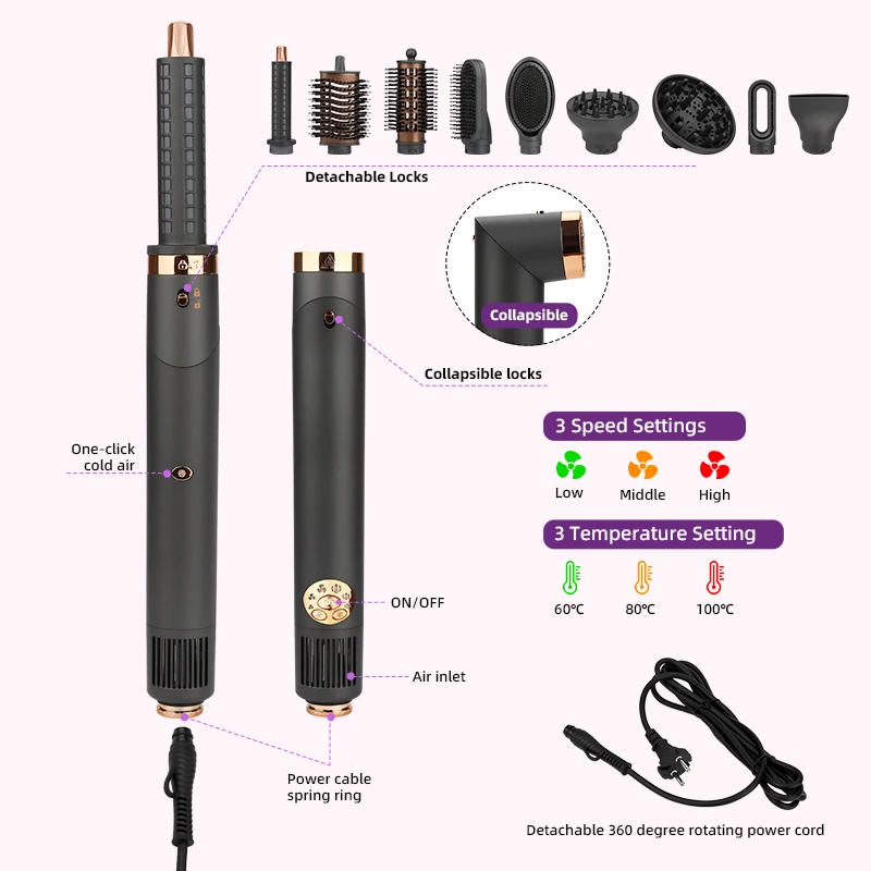 OEM Custom High Speed Negative Ionic Hair Dryer 7 in 1 Hot Air Brush with Auto Curlers Volumizing Combing Hair Styler