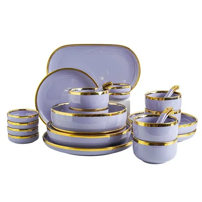 Nordic Style Light Luxury Dishes Set Home Creative Phnom Penh Purple Ceramic Tableware Bowl and Vegetable Plate Soup Bowl Set