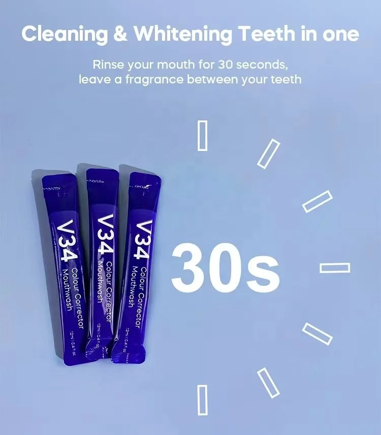Wholesale Packet Portable Sample 12ml Mint Flavor Teeth Whitening Mouthwash Purple V34 Colour Corrector Mouthwash