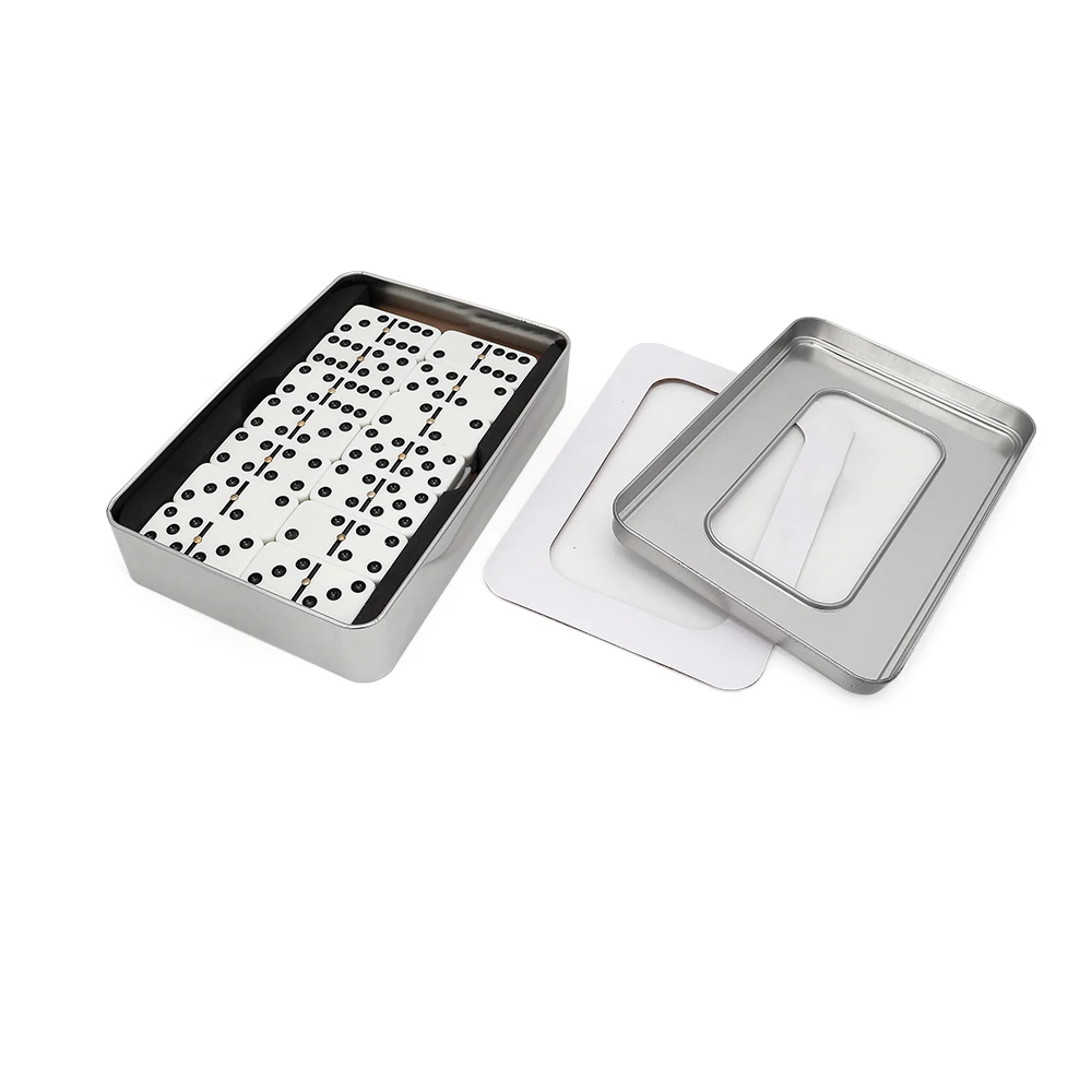 Personalized customized double 6 dominoes black dot with clear window tin box transparent plastic lid for board game