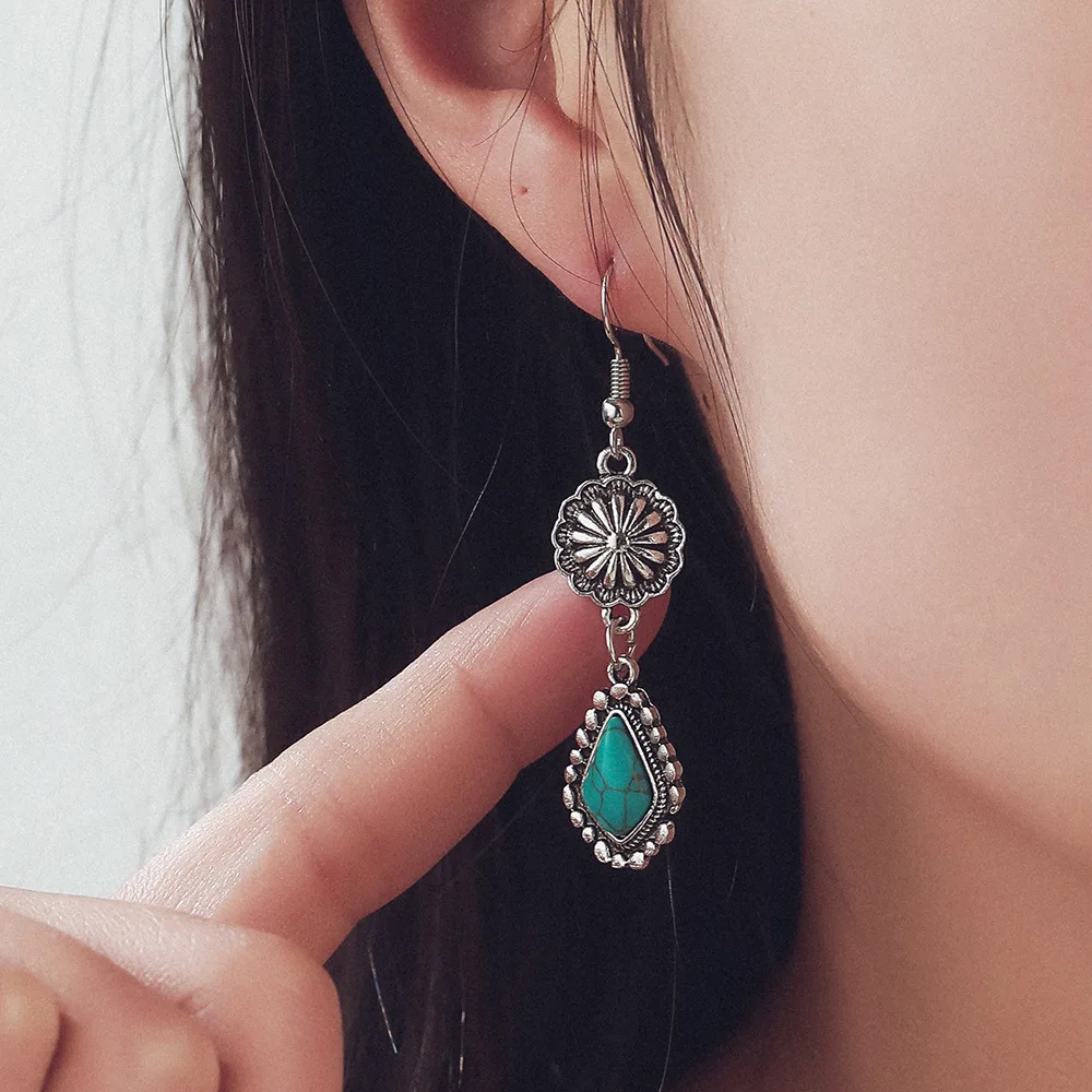 Bohemia Ring Wholesale 925 Sterling Silver Hook Western Teardrop Boho Drop Earrings for Women Turquoise Concho Dangle Earrings