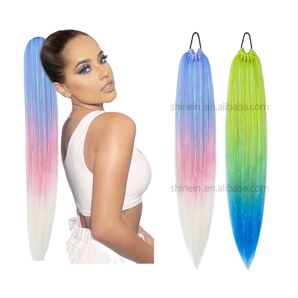 Shinein Festival Colored Pre Stretched Braiding Hair Extensions Synthetic Handmade Braided Bubble Ombre Hair Pony Tail