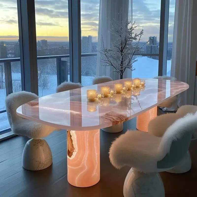 Italian natural jade dining table Modern simple marble dining table Pink long oval dining table