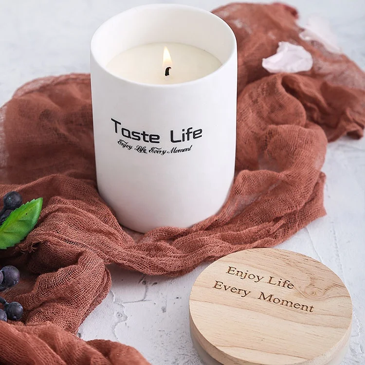 8oz frosted ceramic white candle jar with wooden lid