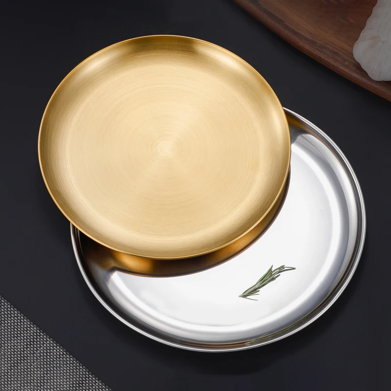 2022 luxury stainless steel golden gold shaped dinner round wedding korean dinnerware set kitchen dishes & plates for restaurant
