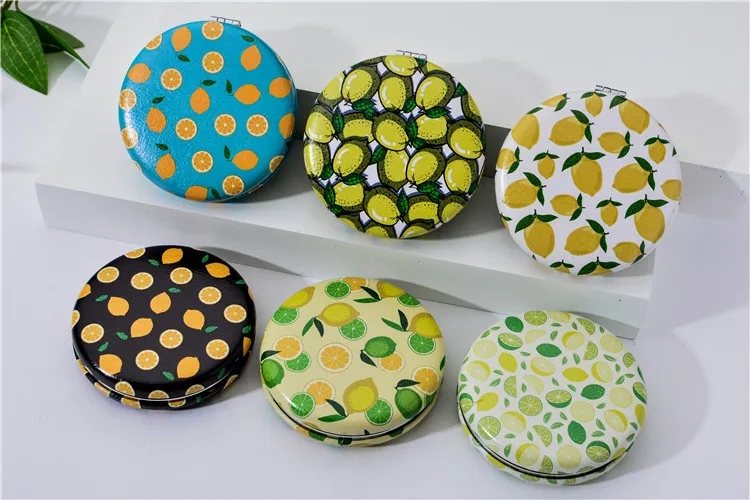 Customized Logo Beauty Round Frame Fruit Printed Handheld Mirror, Travel Portable High Definition Pocket Mirror