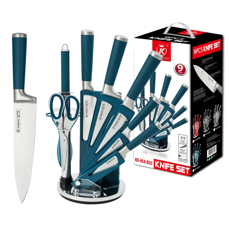 Набор кухонных ножей «король», 9 шт., набор кухонных кулинарных ножей с синей ажурной ручкой, для кухни, подарок мужчине и женщине