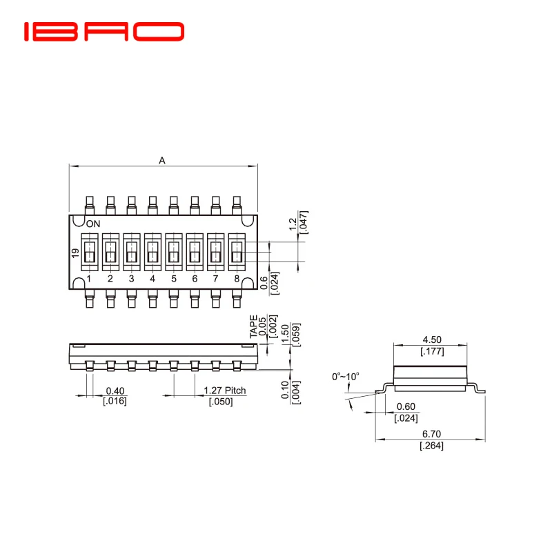 Dip switch DHM series 2/4/6/8/10 positions 1.6mm Half Pitch SMT Type