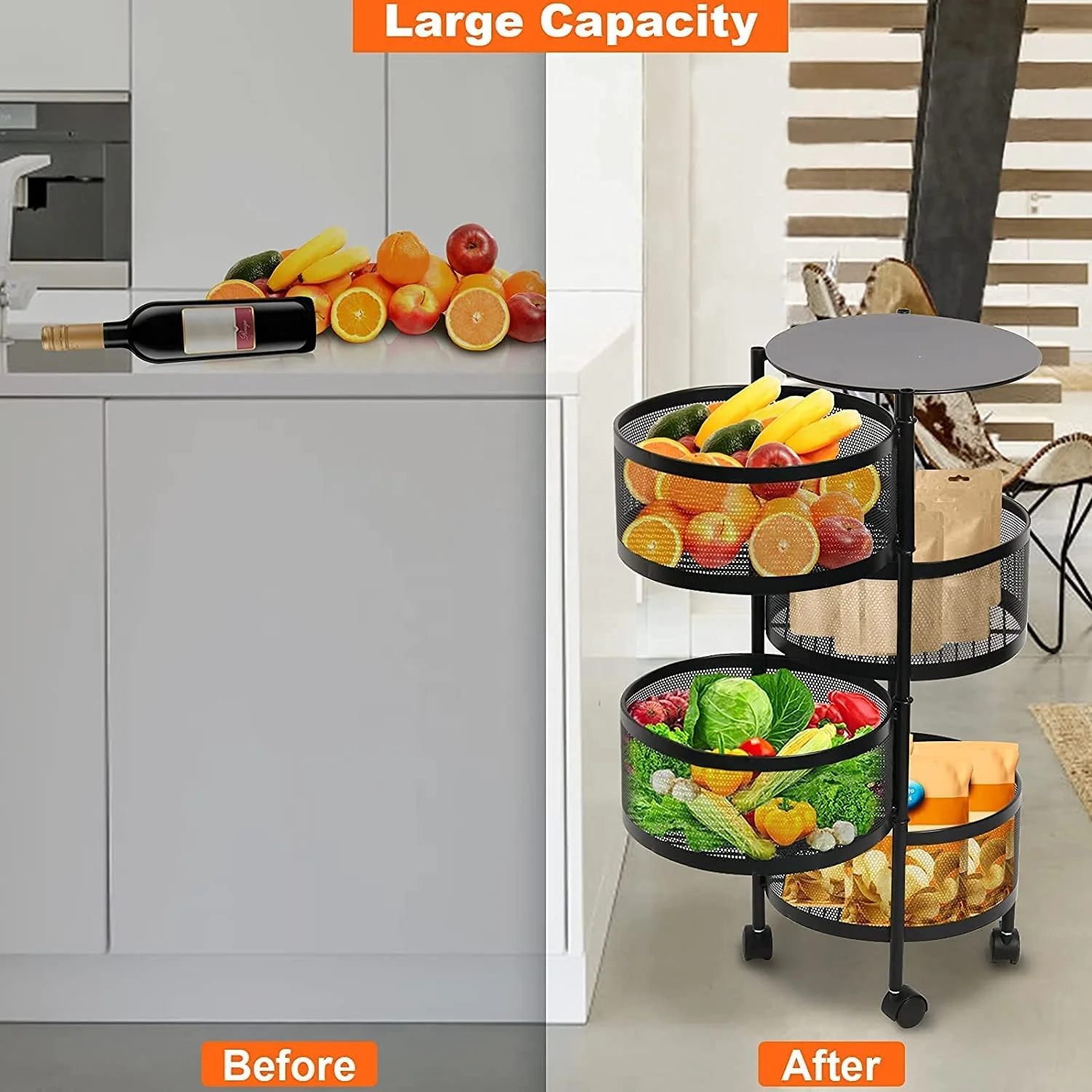 Kitchen Rack Circular Rotation Multi-Layer Storage Rack Vegetable Fruit Basket Storage Rack Plastic Rolling Storage Trolley Cart