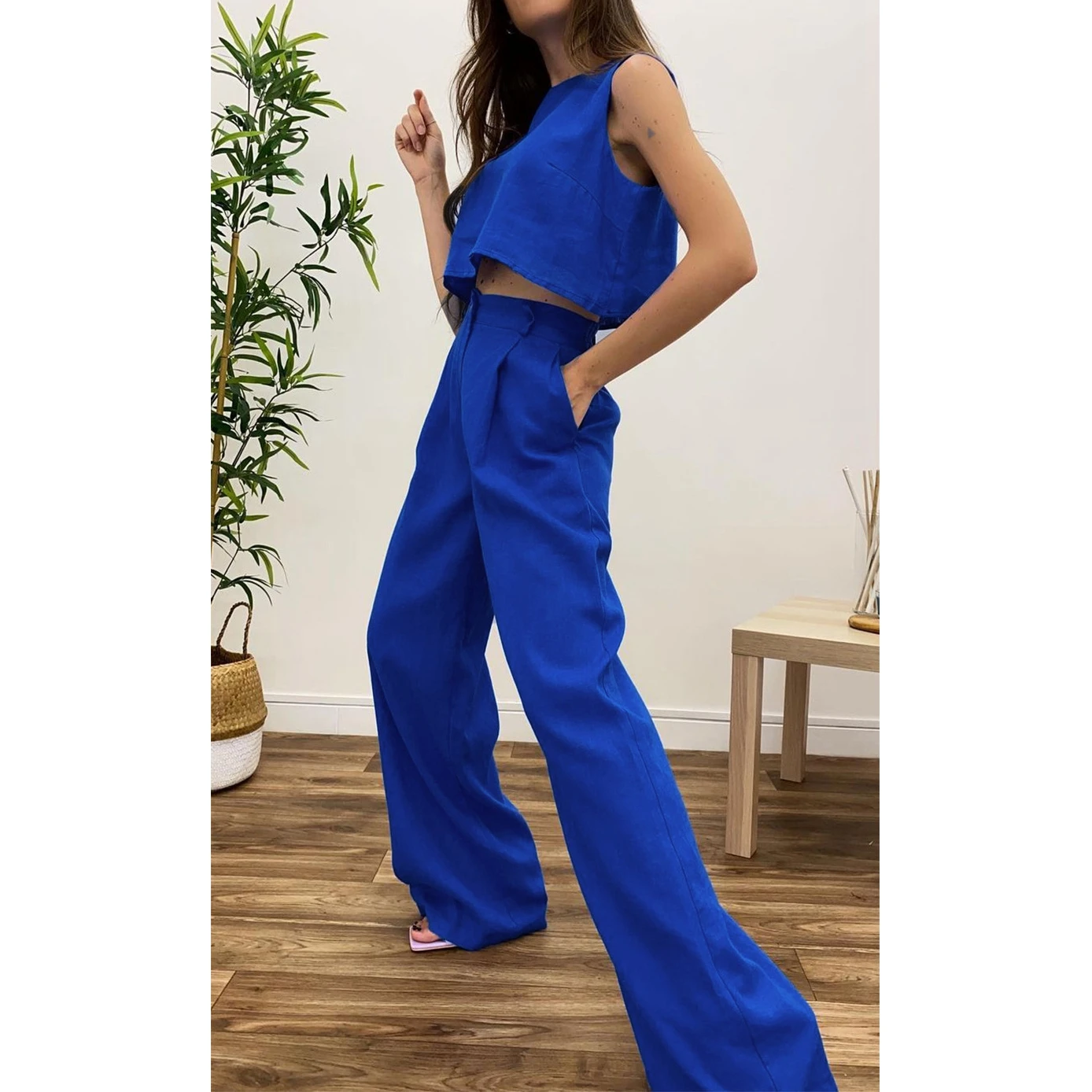 Summer pajamas loose loungewear solid color outerwear cotton and linen 2 piece set women