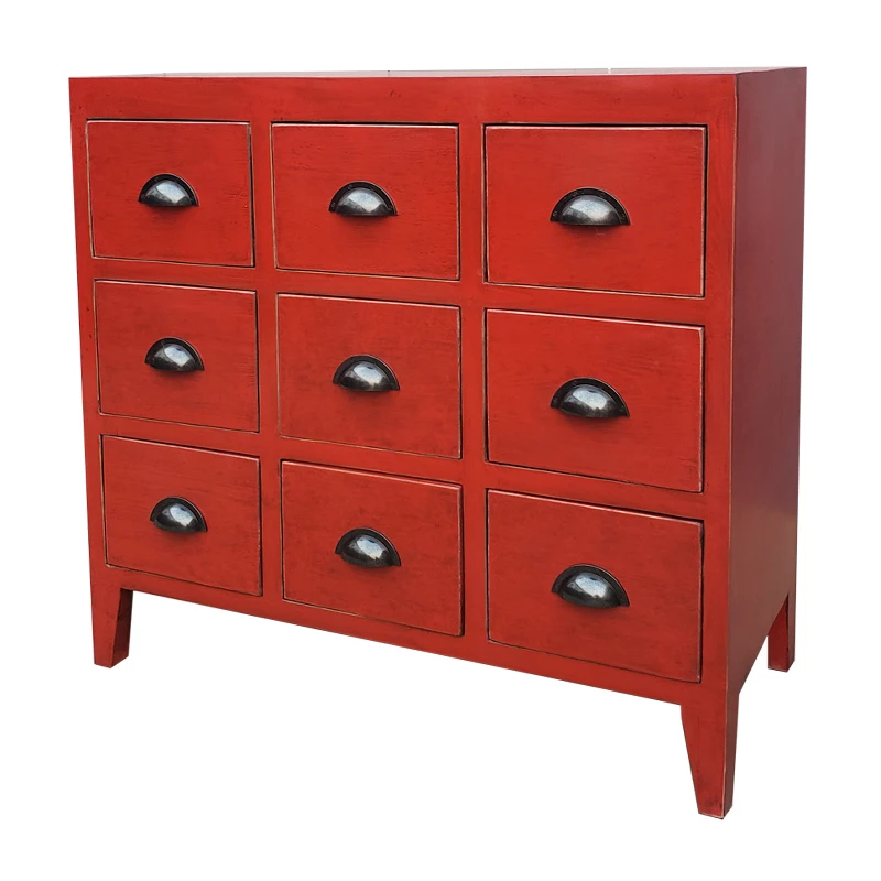 Antique nine drawers chest distressed lacquer living room kitchen sideboard furniture