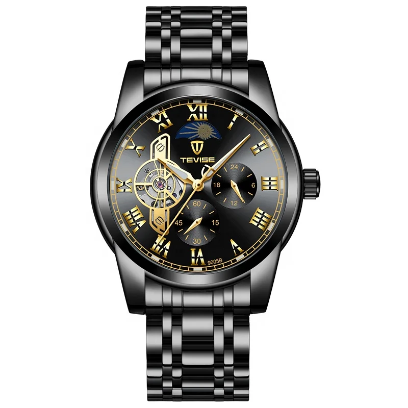 tevise 9005 automatic watches stainless steel strap roman 5 pointers sun and moon black luminous