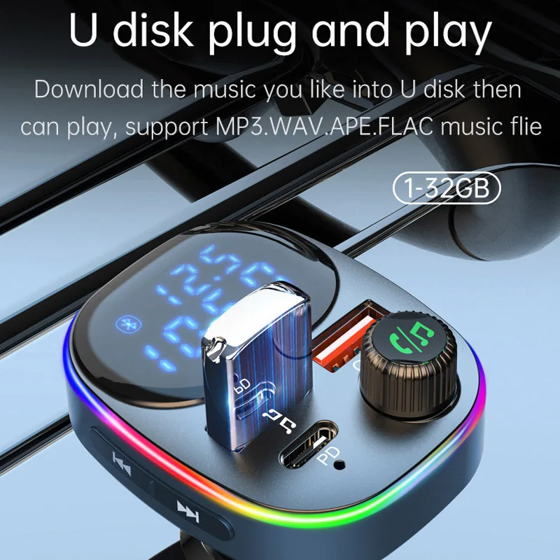 Dual Microphone One Key Bass Handsfree Bt Car Kit Wireless Usb C Car Fm Modulator Transmitter Car Mp3 Player