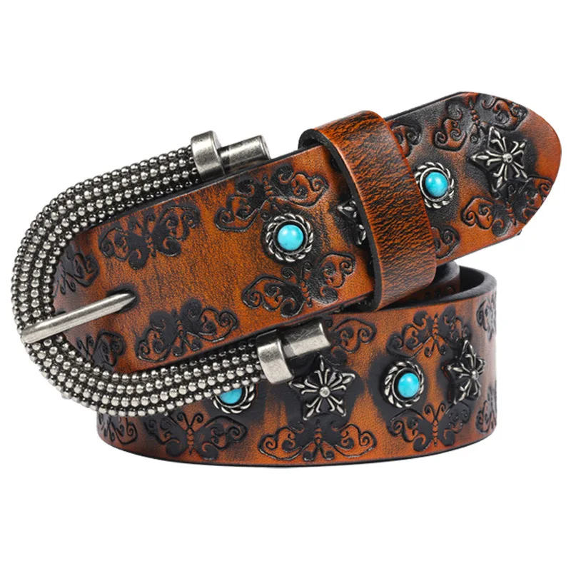 New vintage embossed rivet Turquoise inlaid high-grade ethnic style personalized decoration versatile belt