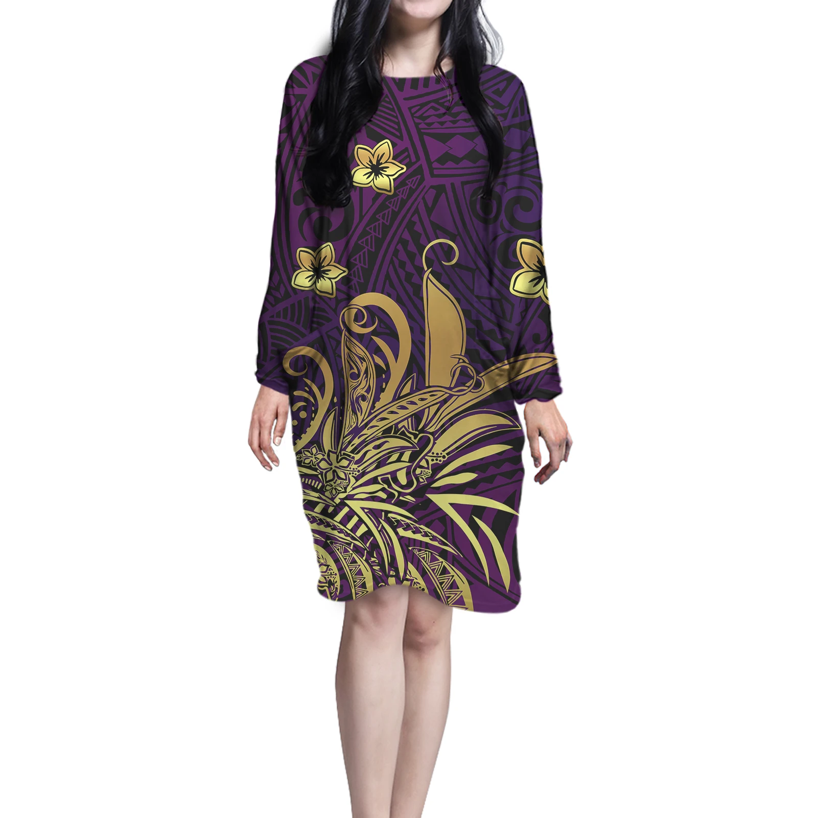 
Brand New Long Sleeve Girl Loungewear Polynesian Golden Floral Print O Neck Fashion Female Sleepwear Custom Oversize Women Cloth 