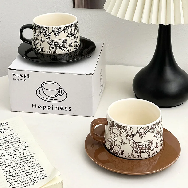 Lelyi INS Retro Ceramic Coffee Cup Saucer with Tray Minimalist Handgrip Design Premium Breakfast Cup for High Beauty Couple