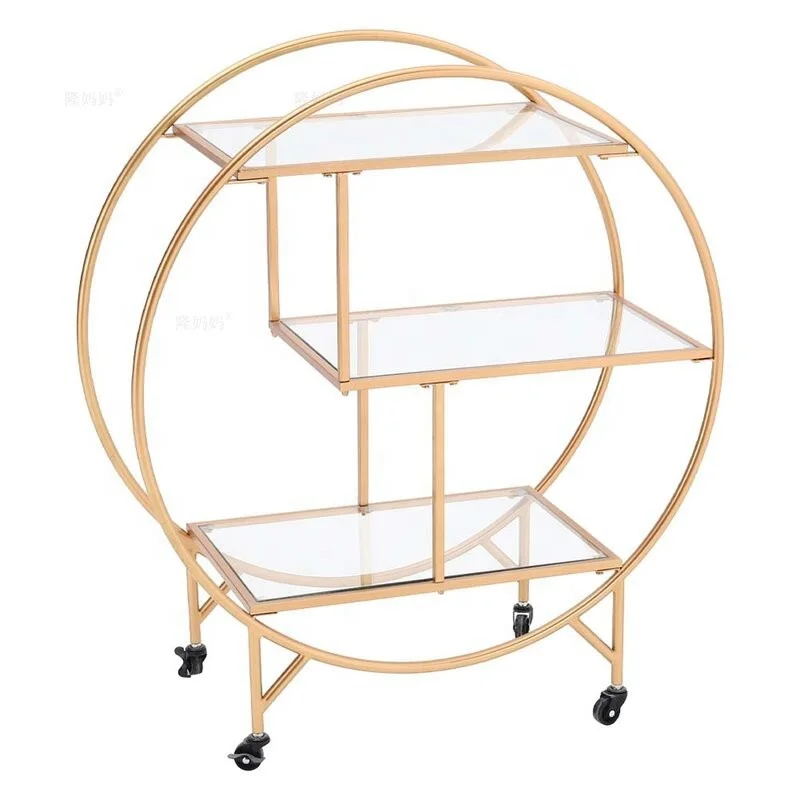 light luxury  round frame with 4 wheel 3 tier gold metal with mirror trolley bar cart hotel furniture cart home garden storage