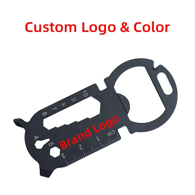 Portable Emergency Edc Multitool Keychain Tool Card Stainless Steel Keychain Bottle Opener Screwdriver Hex Wrench, Silver, Black