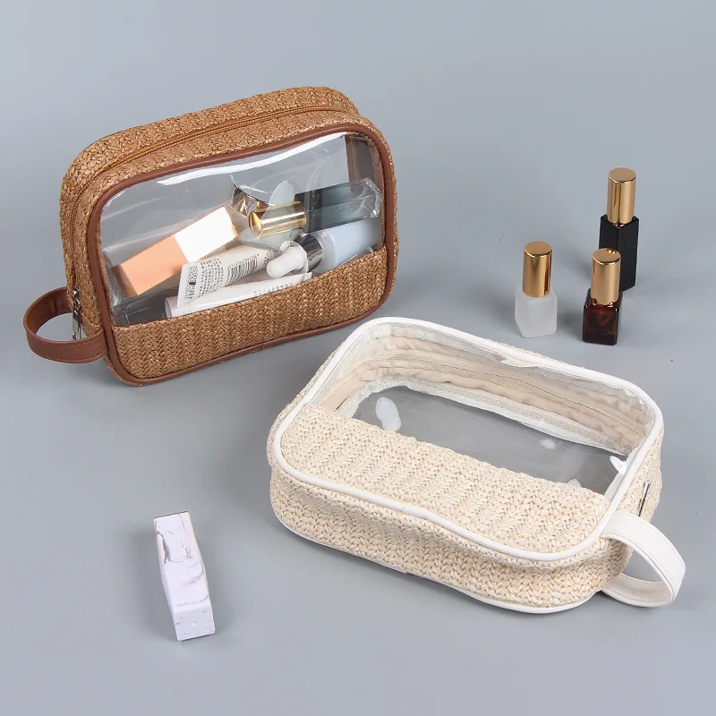 PVC Transparent Window Straw Material Frame Luxury Nail Polish Bottle Cosmetic Bag Pouch Brush Pen Make Up Pouch Wash Pad Pack