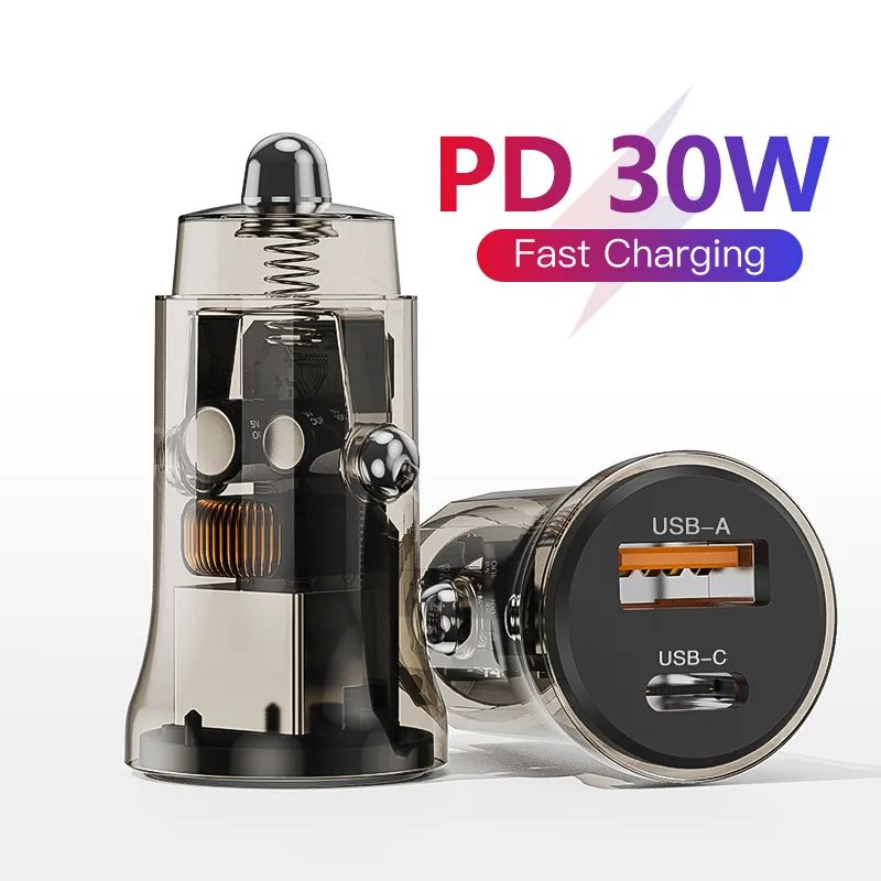 Custom Transparent portable car charger Fast Charging 30W PD USB with Type c ports car accessories electronics ev car charger