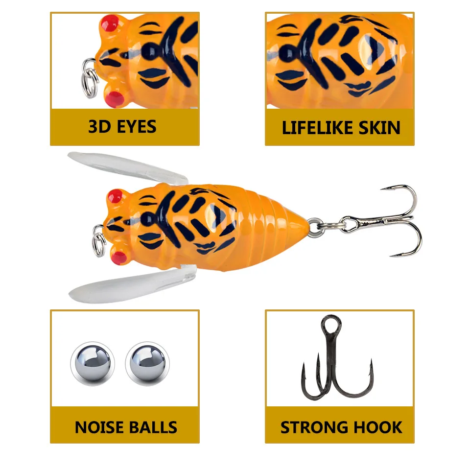 TOPRIGHT P1048 50mm 6g Cicada Lifelike Topwater Fishing Lures Popper Topwater Lure For Bass Hard Plastic Bass Fishing Lure
