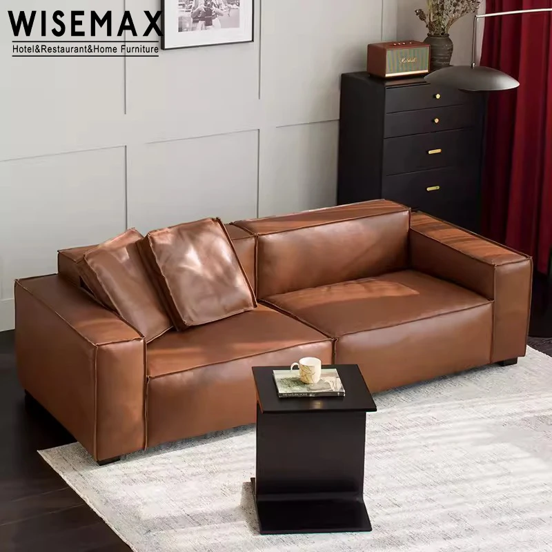 WISEMAX FURNITURE Italian Minimalist sofa sets pine wood down filled genuine leather living room modular couch 4 seats for villa