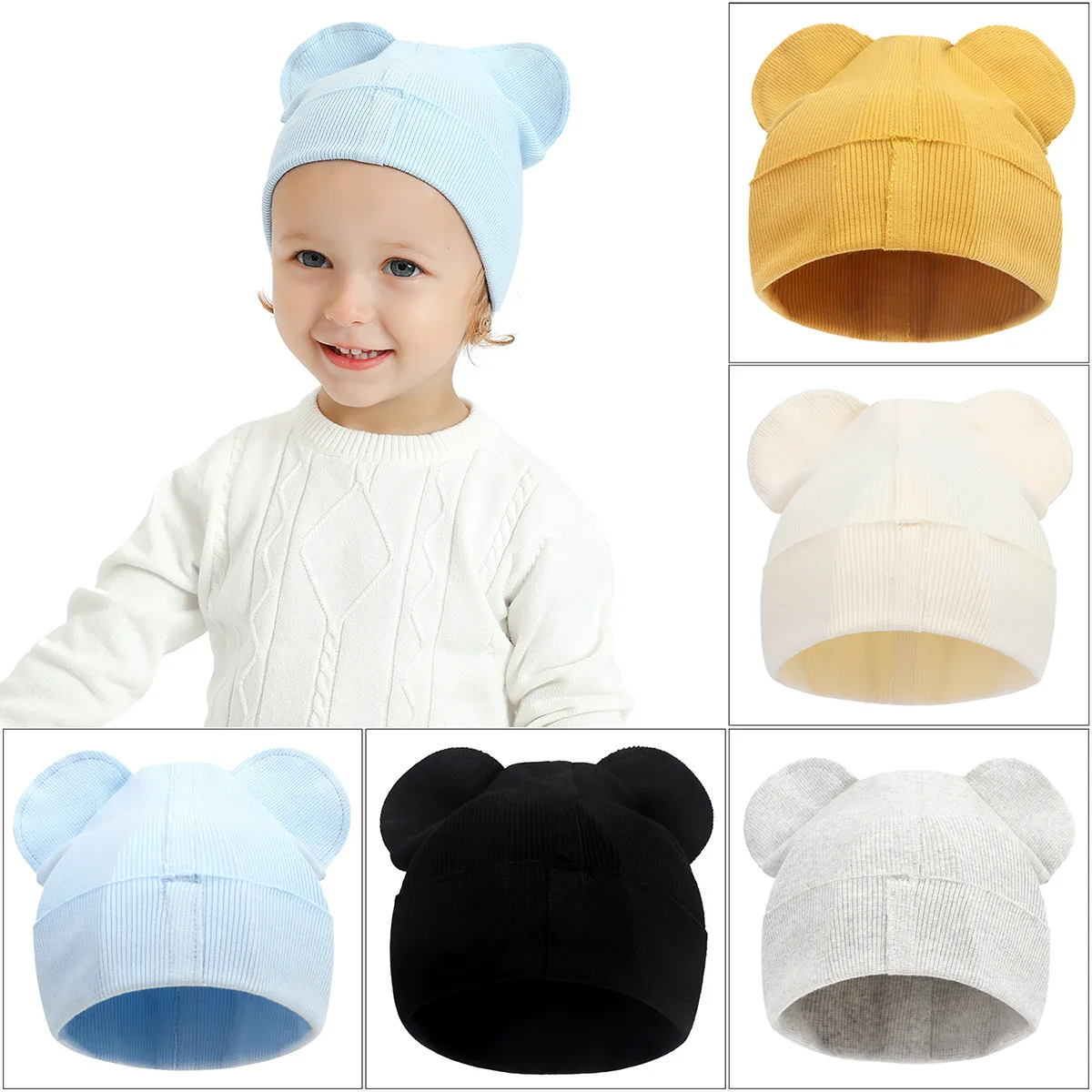 Newborn baby ribbed cotton glove hat set bear shaped infant hats for boys