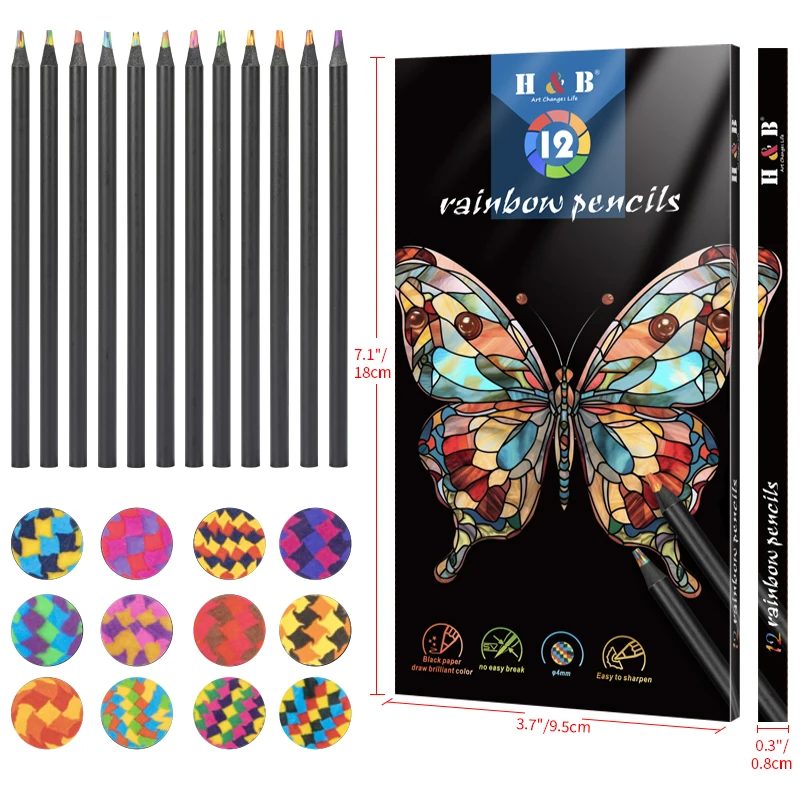 Art Supplier Pencil Lead Wooden Black 12 Color In 1 Rainbow Colored Pencils Multicolored Pencil Set for Coloring Book
