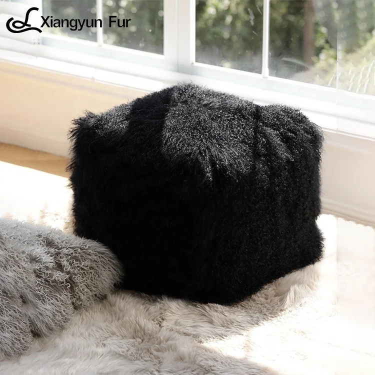 China Modern Light Luxury High-end Customized Modern Mongolian Lamb Fur Pouf Stool Fur Ottoman
