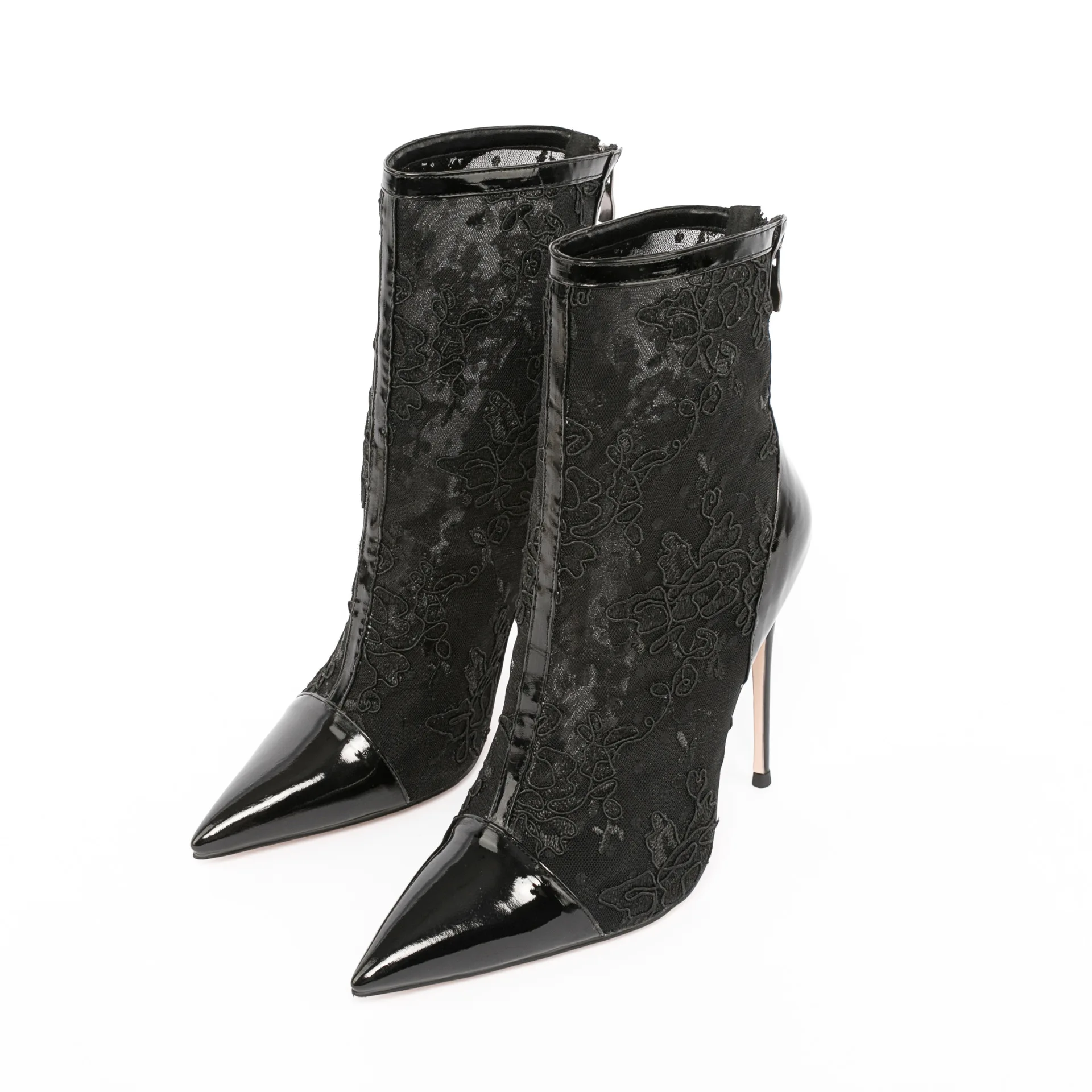 Wholesale Mesh Black Lace Pointed Toe Spring Summer Booties Ankle High Heeled Zipper Womens Boots 12cm